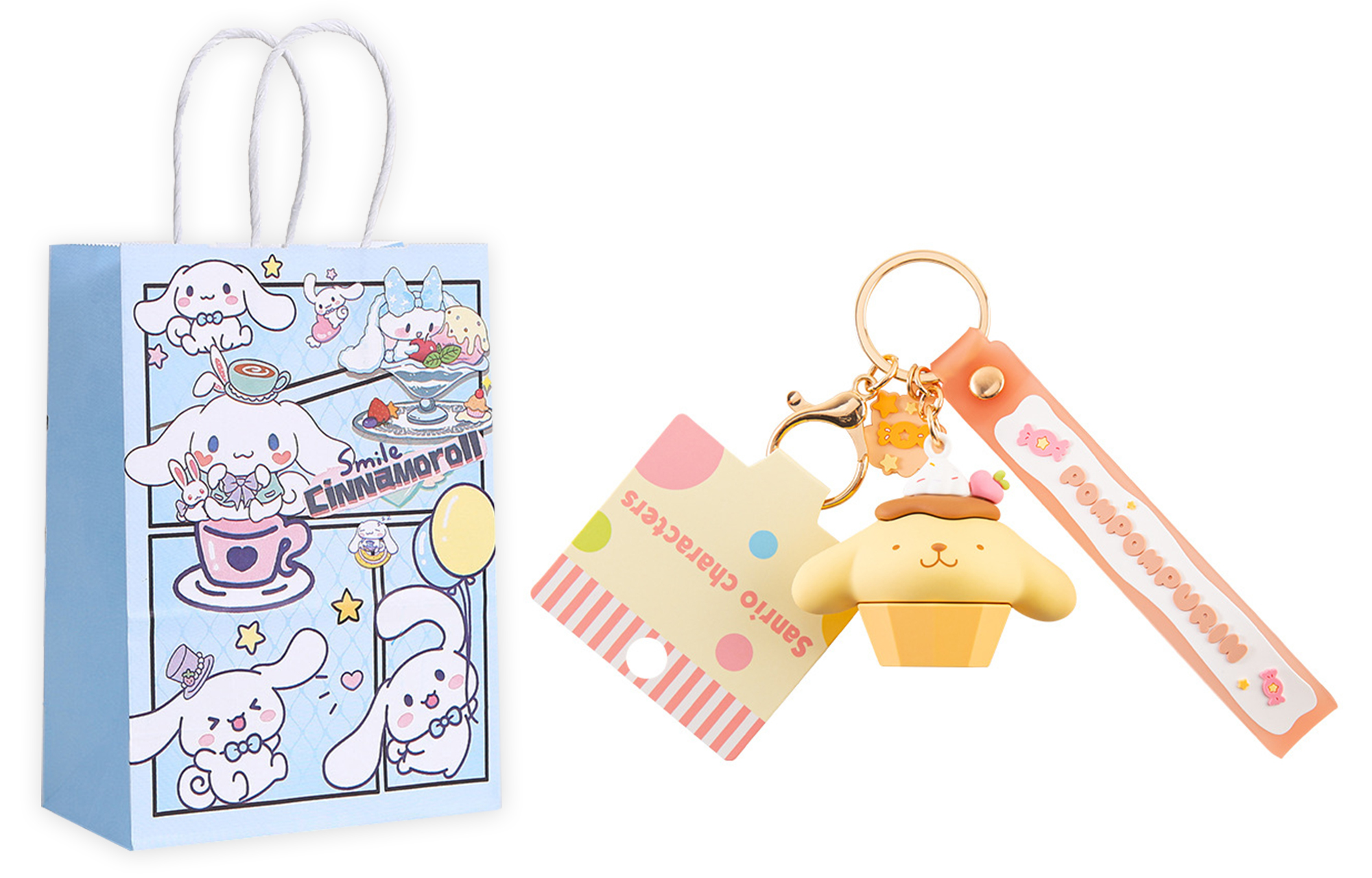 

Sanrio Брелок Hello Kitty Kuroimi из мягкого ПВХ, Pompompurin+Exquisite Shopping Bag