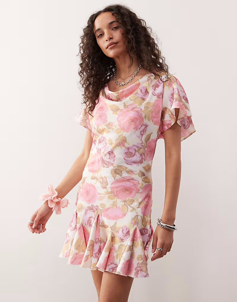 

Мини-платье с воротником-хомутом и заниженной талией в винтажном цветочном стиле Reclaimed Vintage