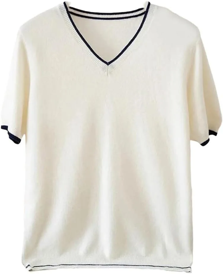 

Мужской короткий рукав свитер 100% Wool V-образный вырез Color Blocked