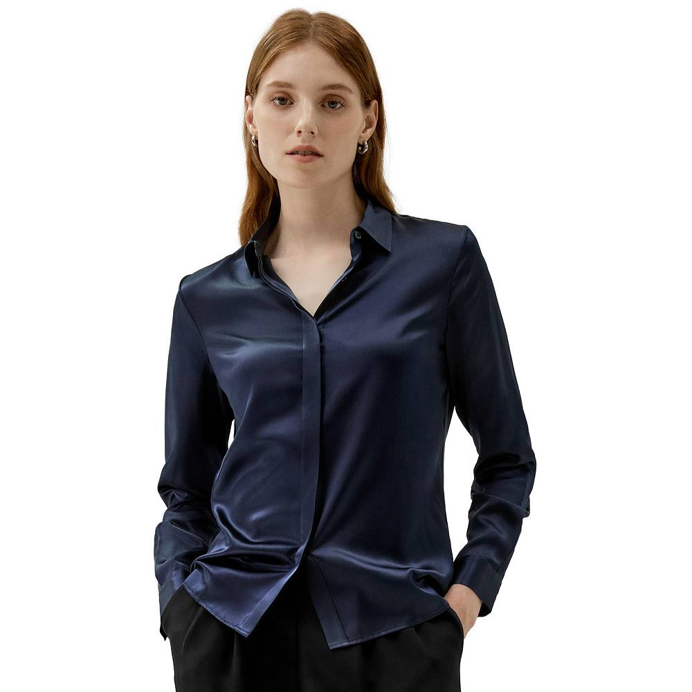 

Lilysilk Женская базовая шелковая рубашка со скрытыми планками, цвет Navy Blue