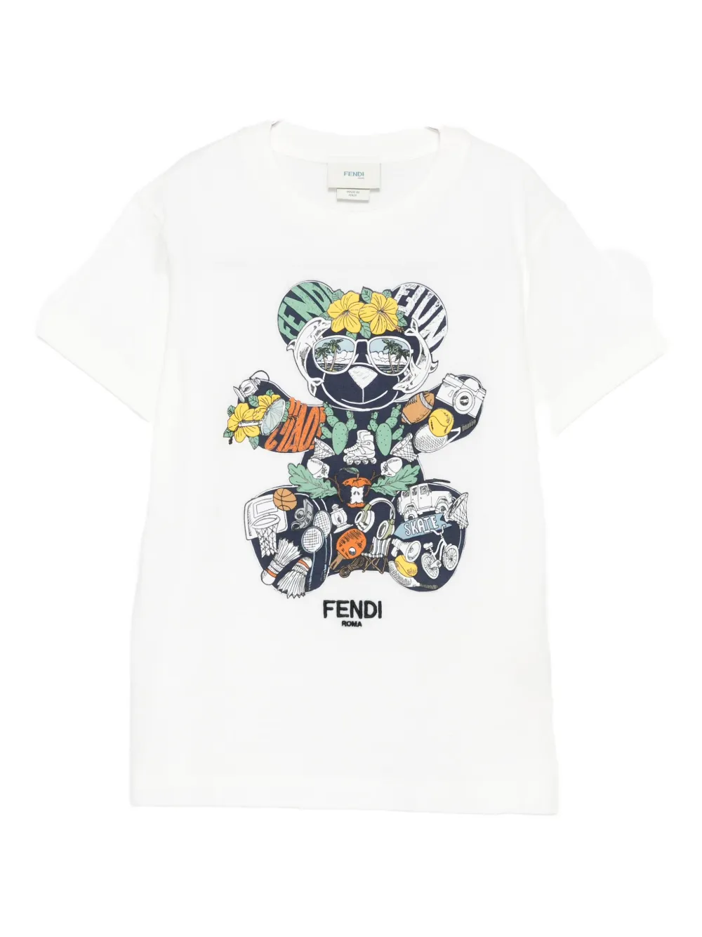 

Футболка с круглым вырезом и принтом медведя FENDI KIDS, белый