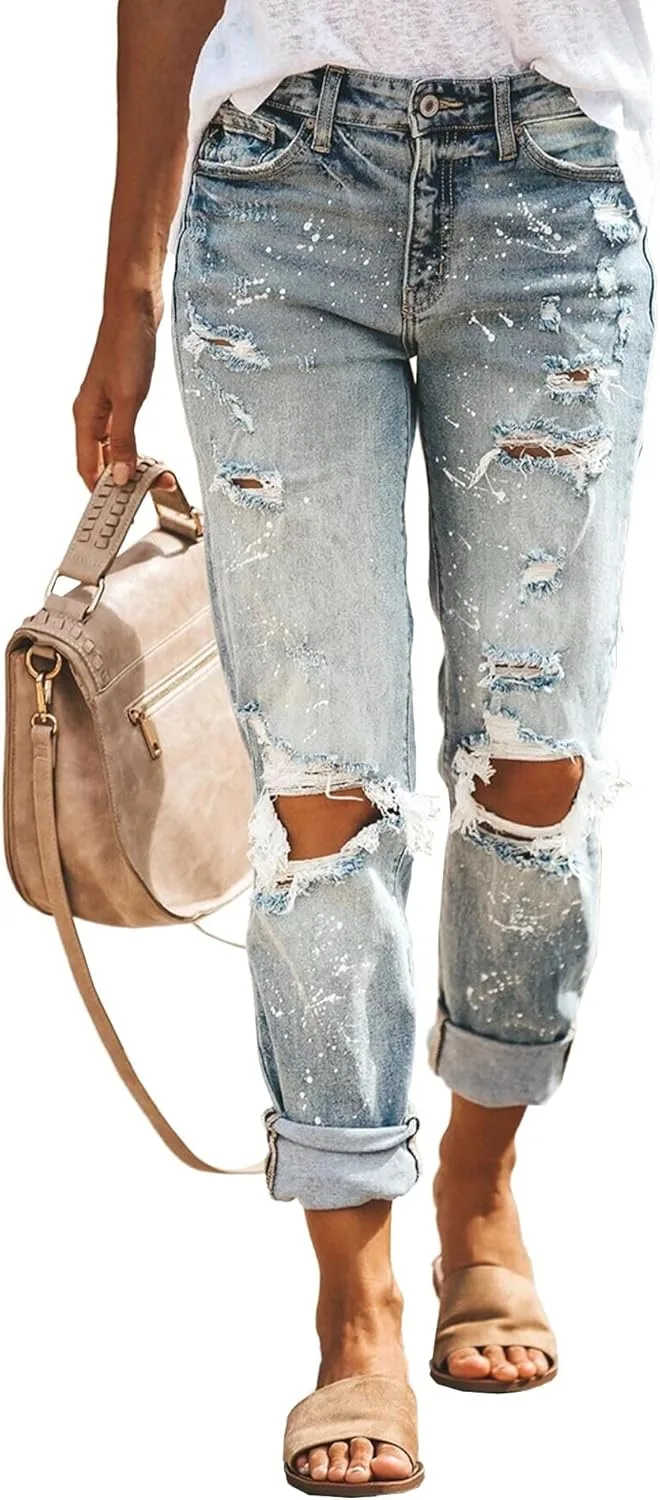 

Raboolion женские рваные джинсы High Rise с пуговицами