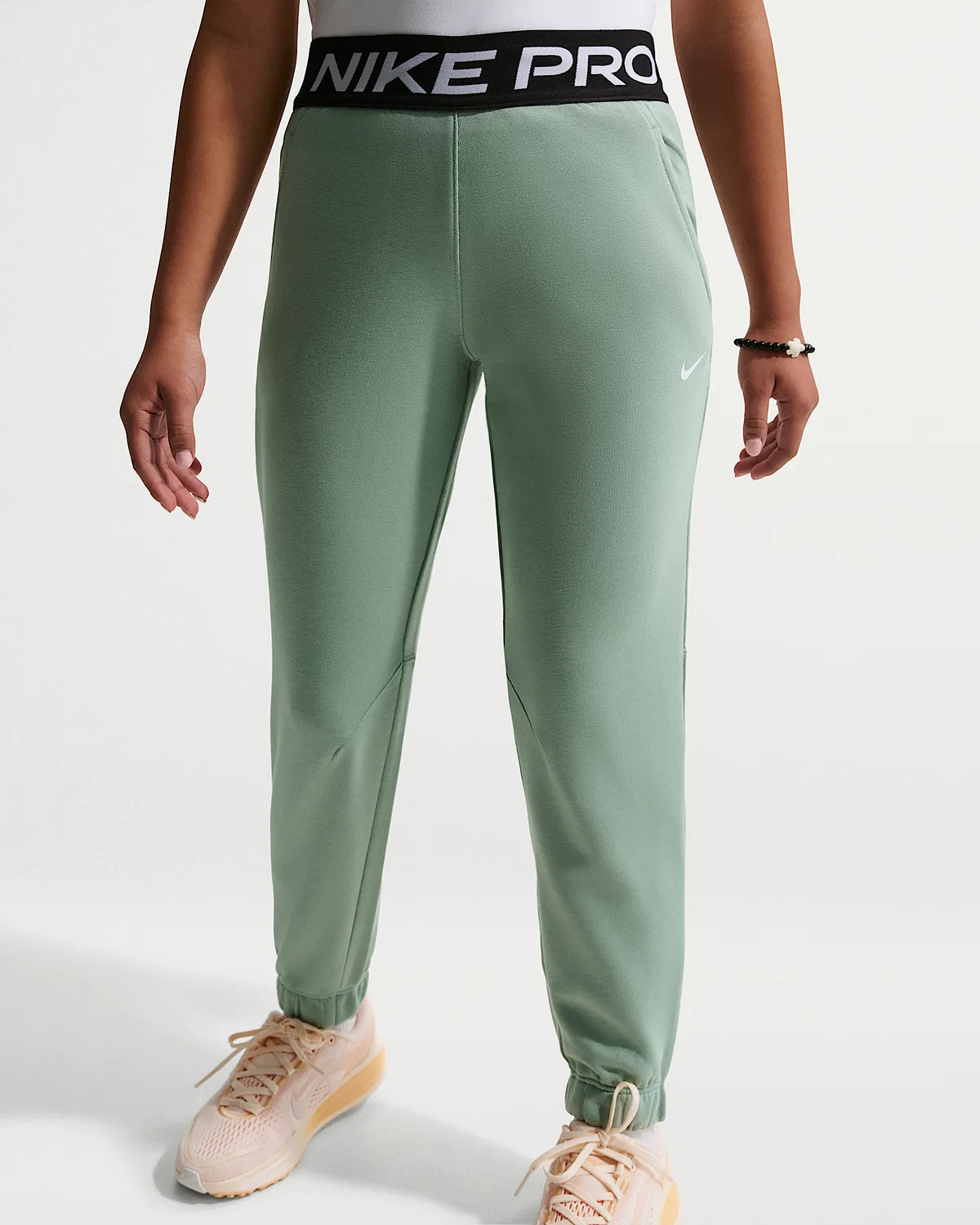 Детские (девчачьи) джоггеры Nike Pro Fleece Dri-FIT, Steam/Steam/Black/White — фото 2
