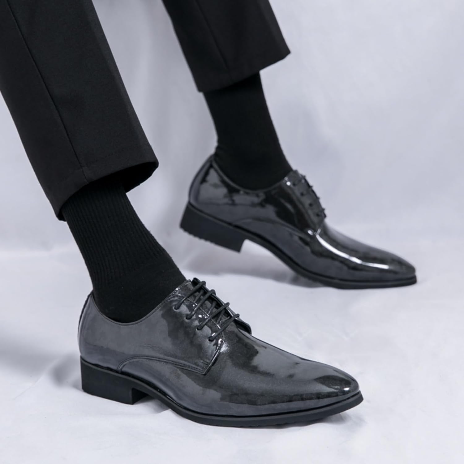 Мужские ретро туфли Oxfords из лакированной кожи с принтом, шнуровкой, низким верхом, заостренным носком, с нескользящей подошвой и массивным каблуком, повседневные туфли Dreby для официальных мероприятий, бизнеса и свадеб Boaobaihuo, черный — фото 4