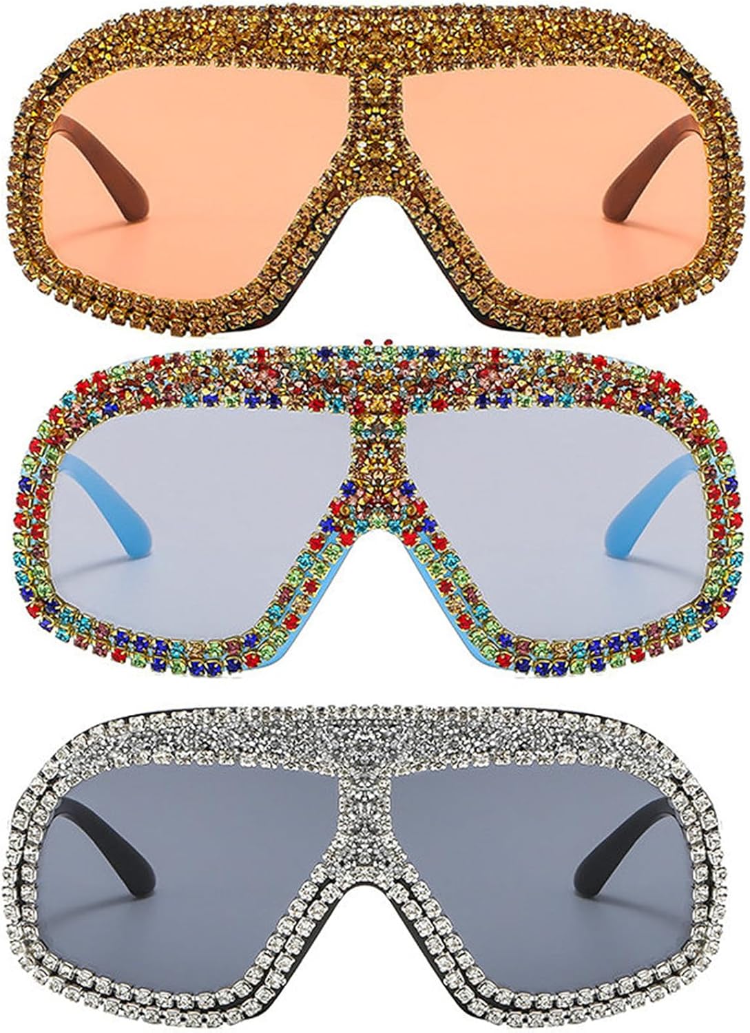 

Willochra Модные солнцезащитные очки с маской и стразами для женщин и мужчин, большие, блестящие, в стиле Y2K, с бриллиантами, плоские солнцезащитные очки-щитки, 3pcs-black&blue&brown