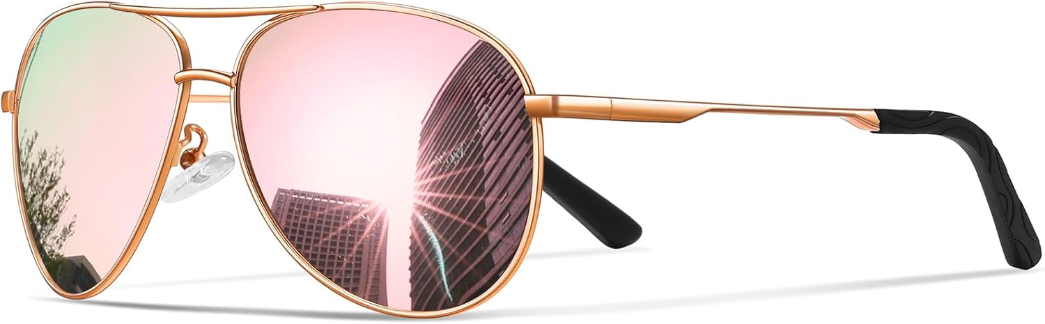 

Солнцезащитные очки для мужчин, поляризованные, авиаторские, для мужчин и женщин, для рыбалки, вождения, с металлической оправой и защитой от УФ-излучения UV400 phikttu, Rose Gold Frame Pink Mirrored Lens