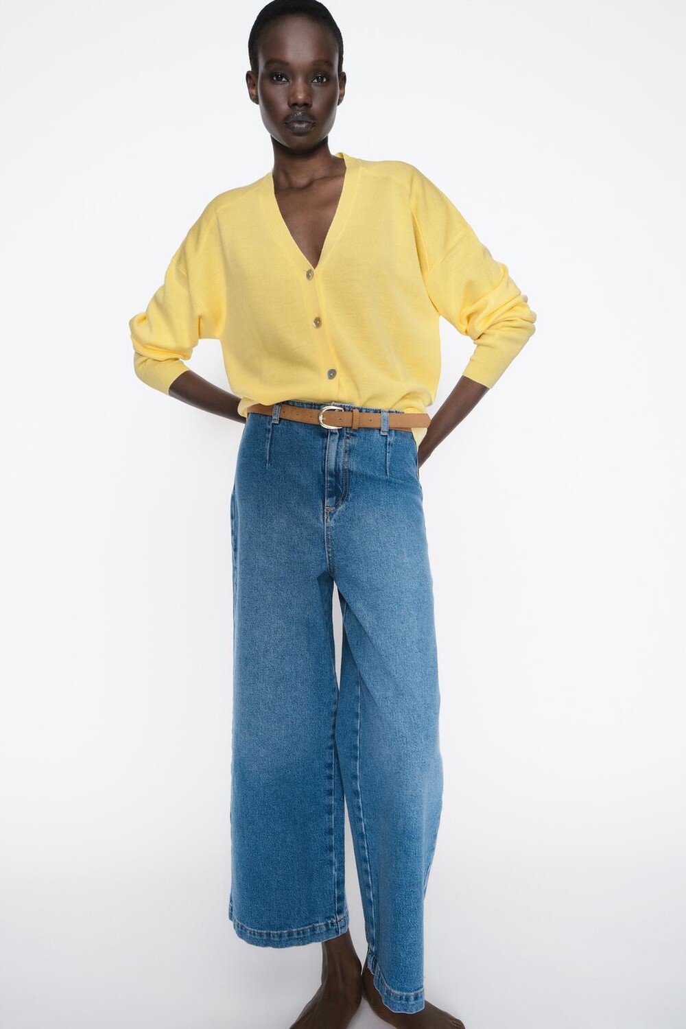 

Широкие укороченные джинсы с высокой талией и поясом ZARA, синий