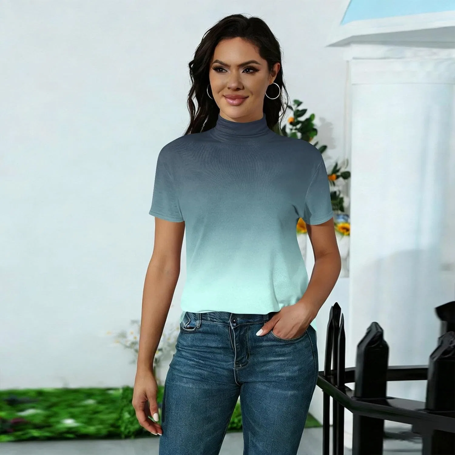 Футболка с имитацией водолазки, бренд Generic, цвет B32-mint Green — фото 3