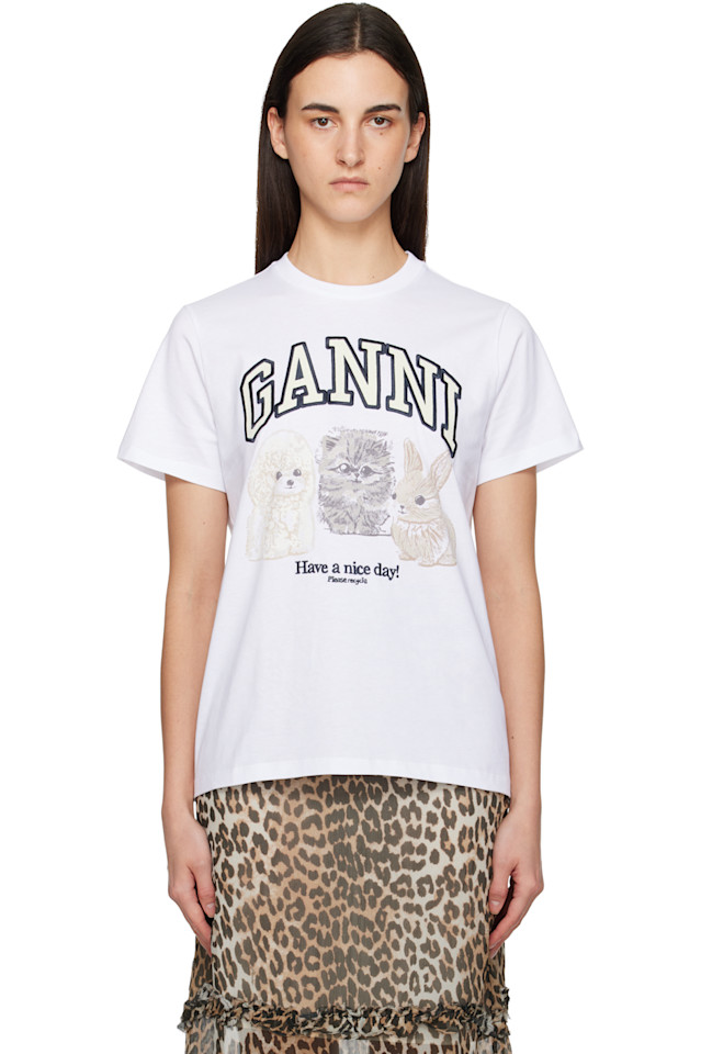 

Ganni Белая базовая трикотажная футболка с животными, свободный крой