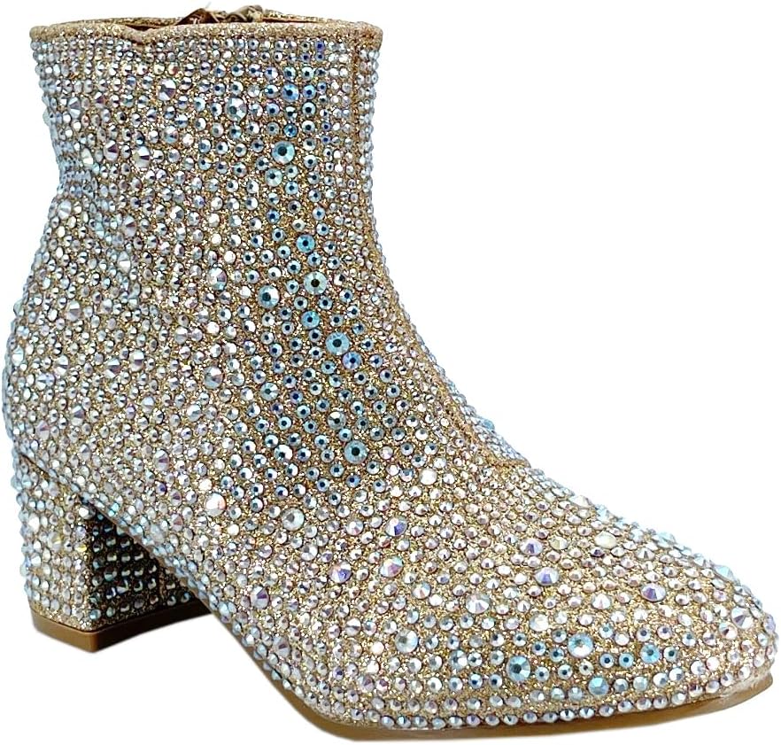 

Ботильоны ABSOLEX для девочек с круглым носком, декоративными стразами, массивным низким каблуком и укороченной голенью, Champagne