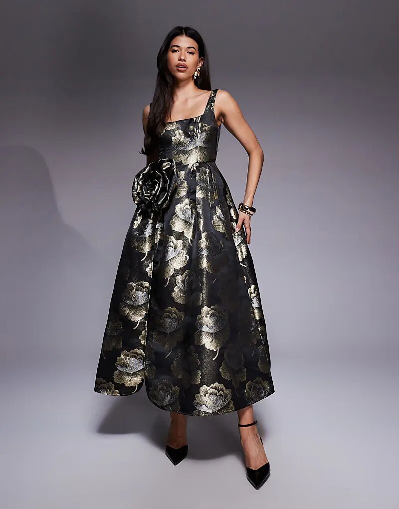 

Платье макси ASOS LUXE из жаккарда с 3D-цветочным принтом черного и золотого цветов