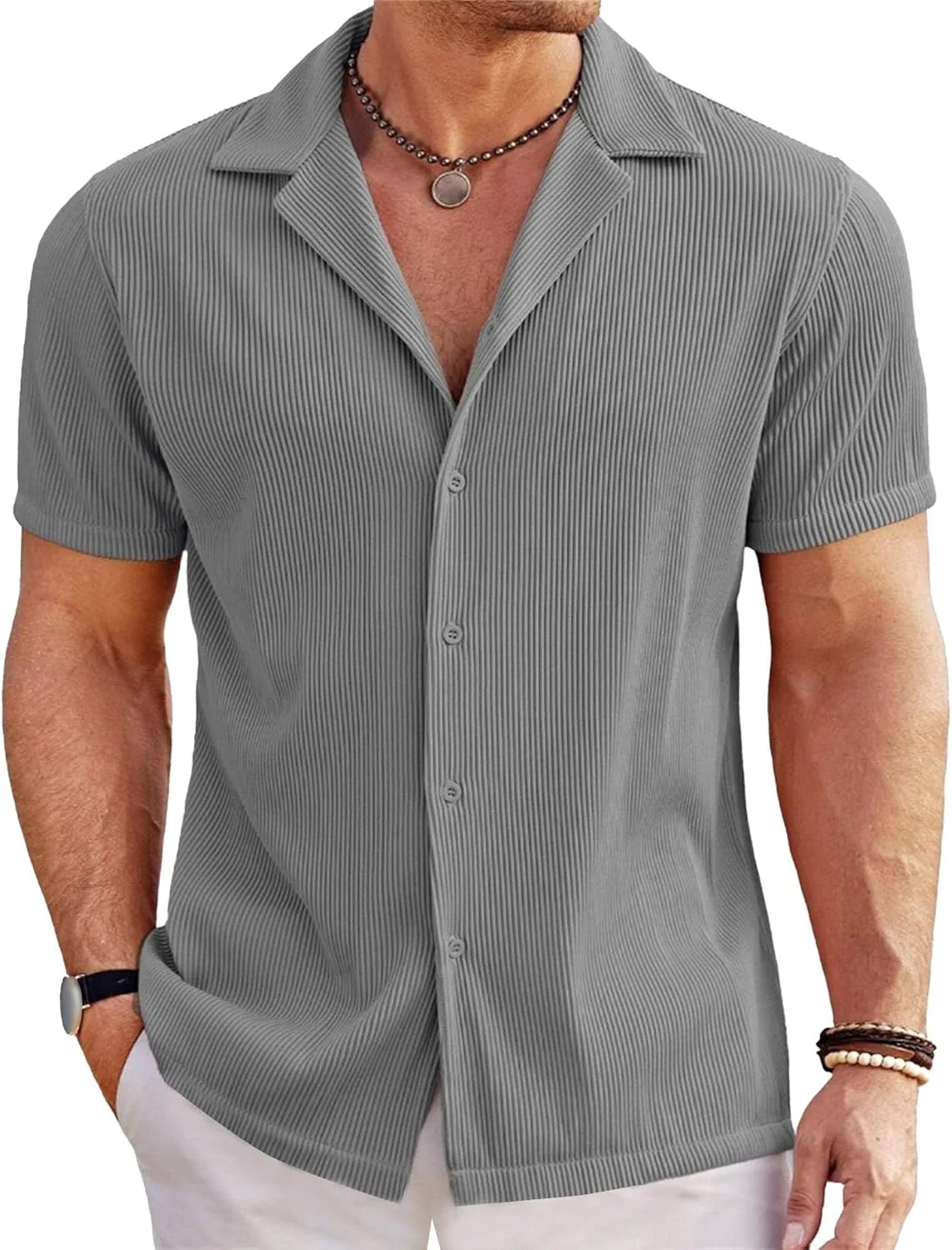 

Мужская рубашка с коротким рукавом, полоска, принт, casual, regular fit, wrinkle free PHJTOMK