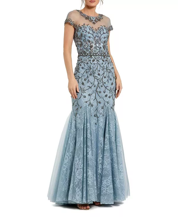 

Платье-Русалка с прозрачным верхом и вышивкой Mac Duggal, синий
