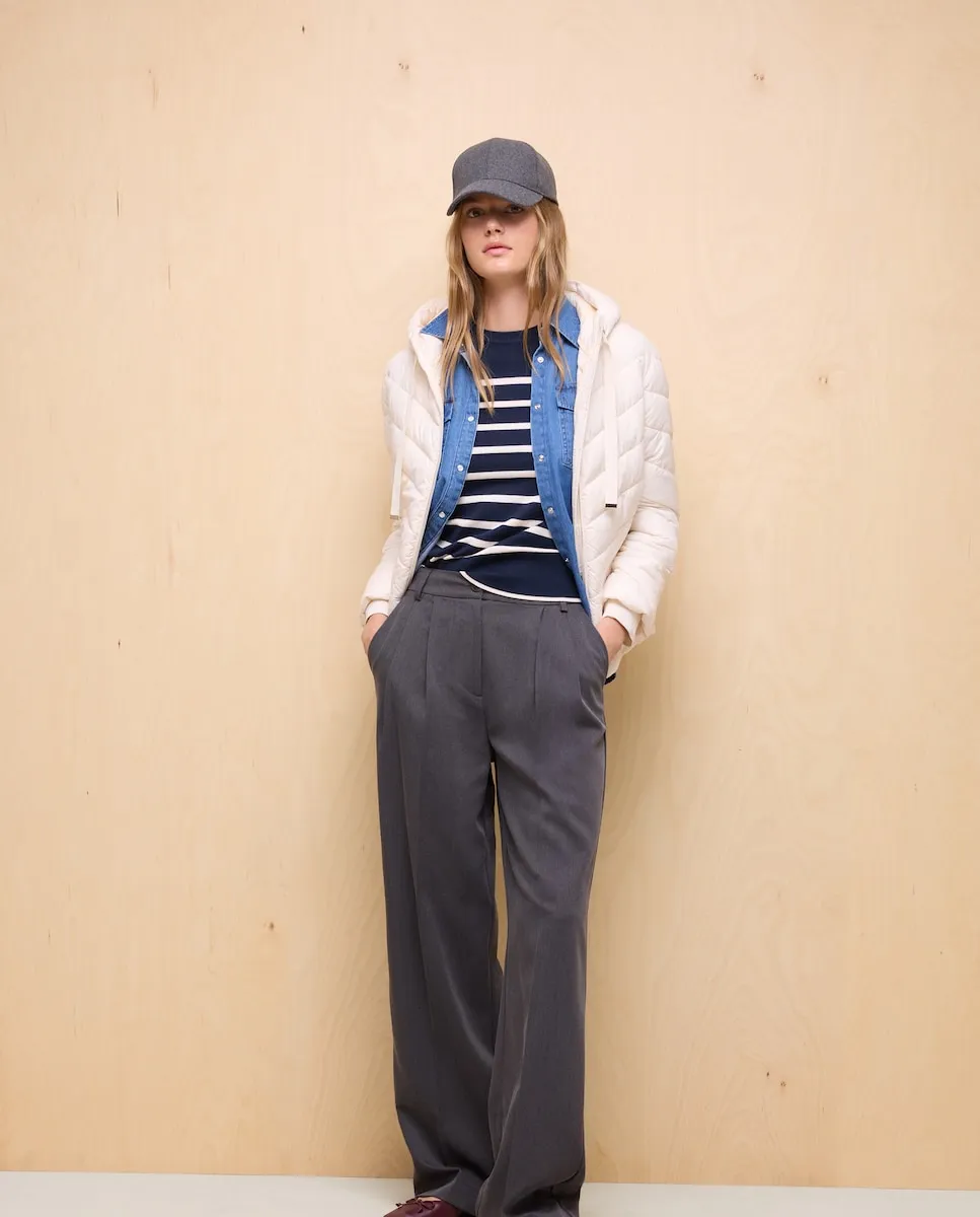 

Длинная женская стеганая куртка на бедра с вязаным рукавом Easy Wear, экрю