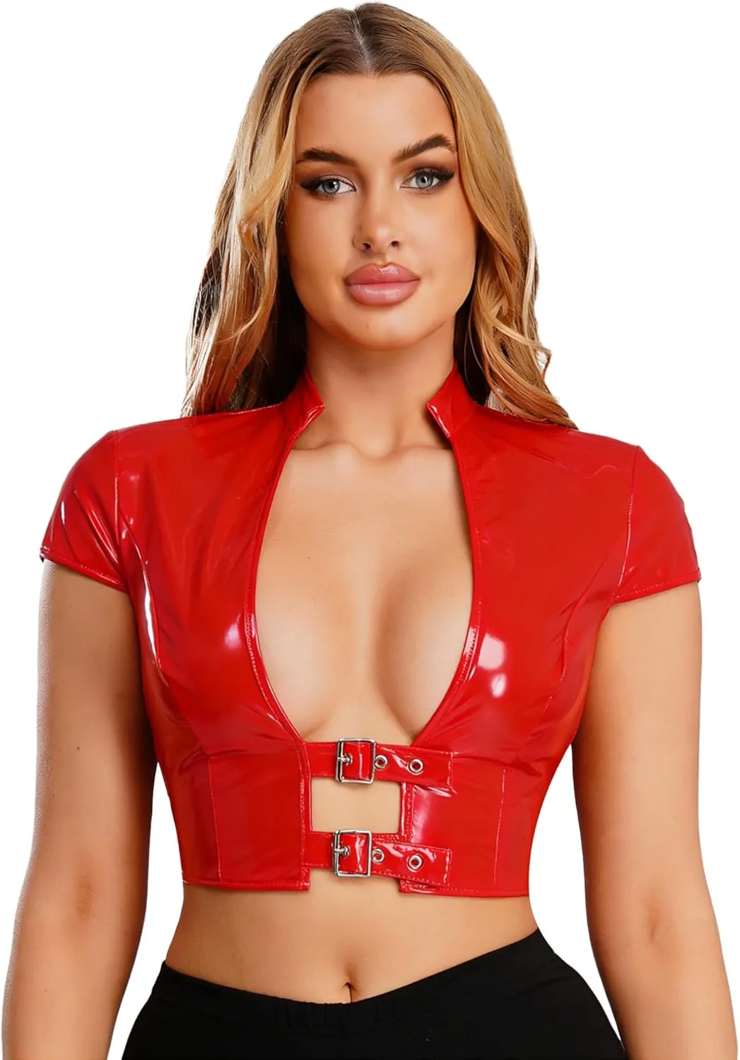 

Топ женский PU Leather Slim Fit Open Front Crop Top Wet Look Hularka