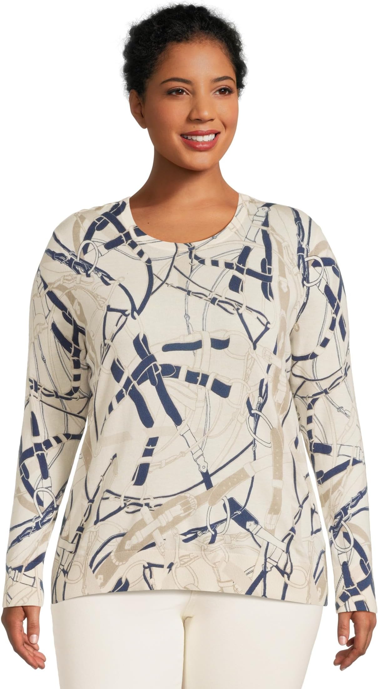 

Свитер Lauren Ralph Lauren Plus Size Belting-Print Cotton-Blend Sweater, цвет Cream/Navy Multi
