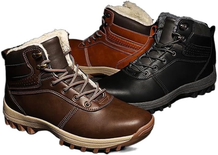 

Мужские зимние снежные ботинки из кожи, с утеплителем из меха, легкие и водонепроницаемые, ботинки с меховой подкладкой, противоскользящие, для холодной погоды Qacksv, коричневый