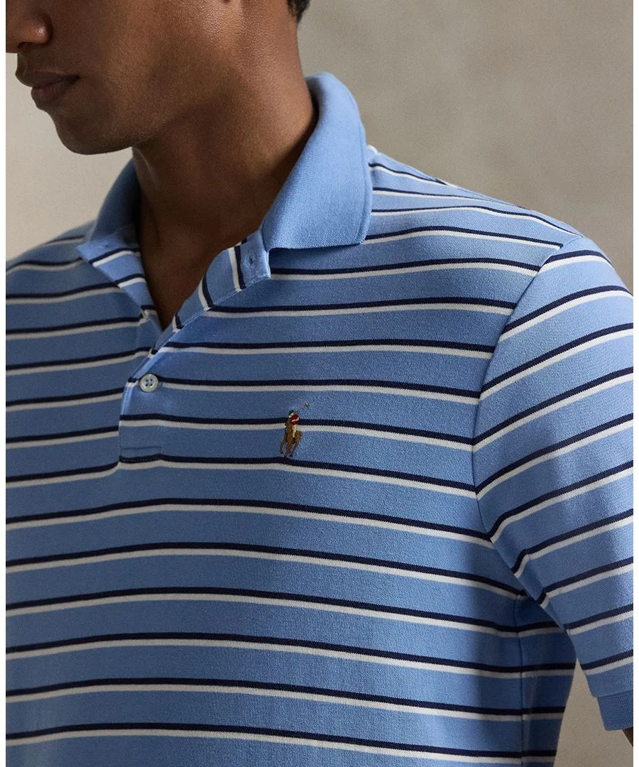 Мужская поло-рубашка с коротким рукавом, классического кроя, в полоску Polo Ralph Lauren, sky синий мультиколор — фото 3