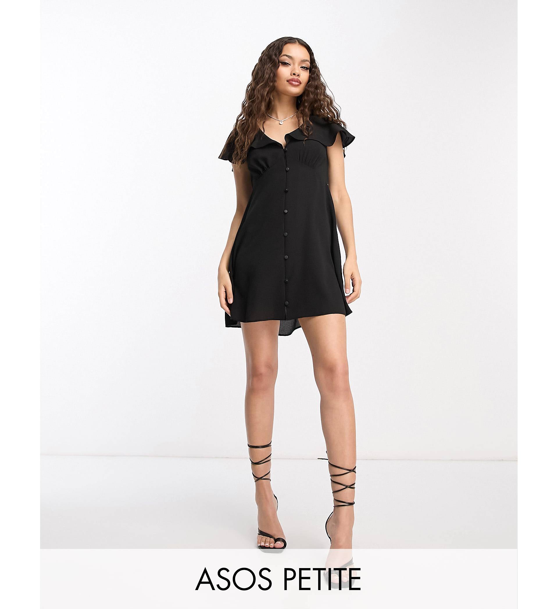 

Черное чайное мини-платье с пуговицами и рукавами-крылышками ASOS DESIGN Petite ASOS Petite, Черный, Черное чайное мини-платье с пуговицами и рукавами-крылышками ASOS DESIGN Petite ASOS Petite