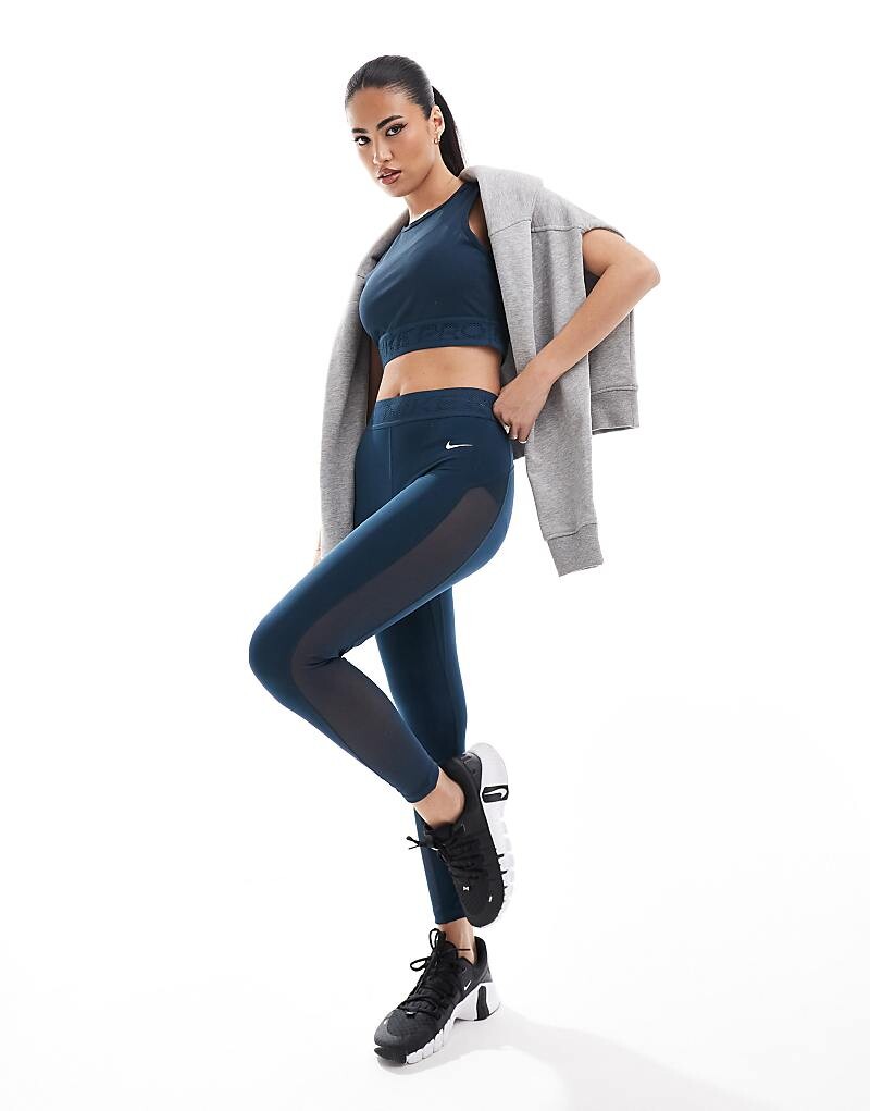 

Nike Training — Pro — темно-синие леггинсы со средней посадкой из сетки 7/8