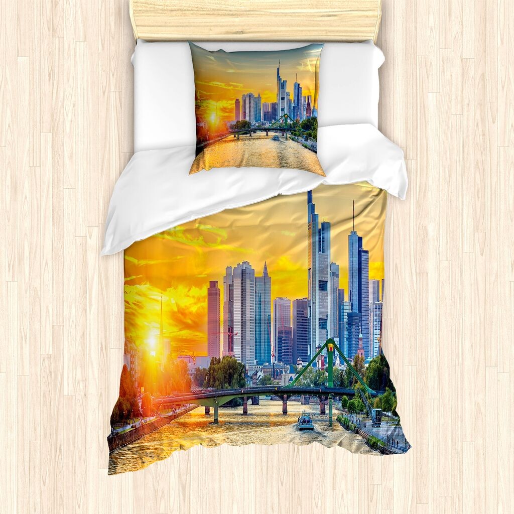 

ABAKUHAUS Wanderlust комплект пододеяльников для односпальных кроватей, архитектура Франкфурта, защита от клещей, подходит для аллергиков, с наволочкой, 135 см x 200 см - 80 x 80 см, темно-синий