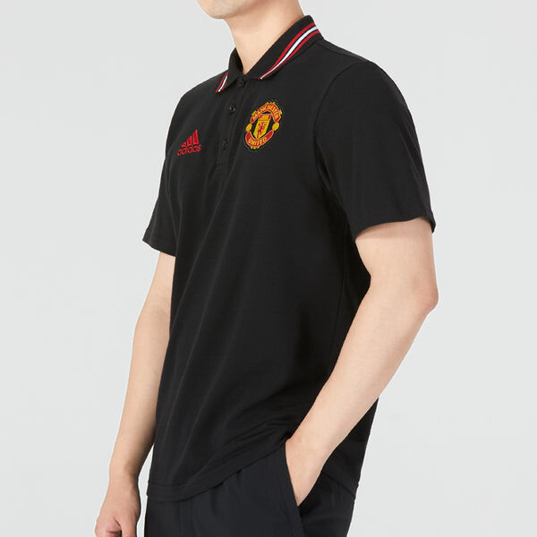 Футболка Men's adidas Manchester United Logo Embroidered Stripe Collar Short Sleeve Black Polo Shirt, мультиколор — фото 4