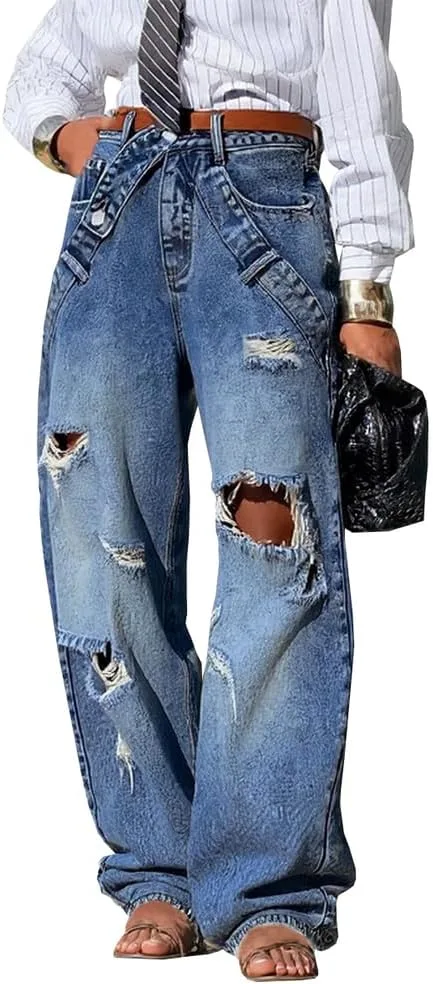 

Женские джинсы с высокой талией, рваные и потертые TACSTRUN