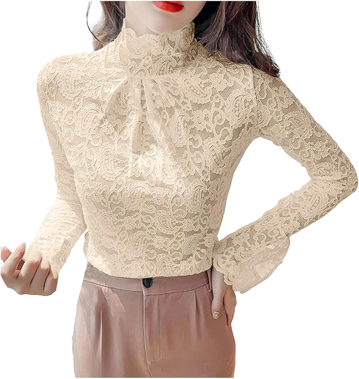 Блузка кружевная с высоким воротником из коллекции Autumn-Winter 13, бежевый