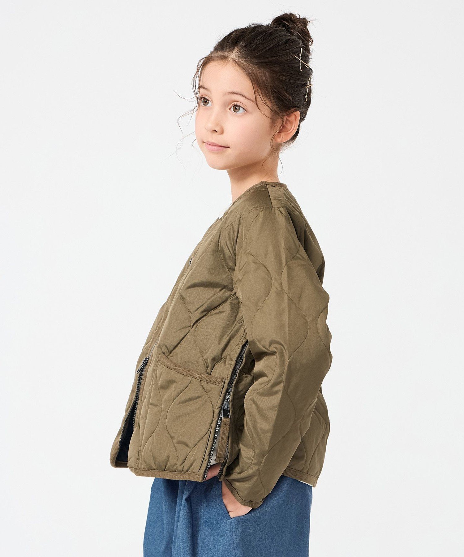 Пуховая куртка TAION Military Zip V-Neck (унисекс) (размеры 120-150 см) Unfilo, Dark Olive [054] — фото 2