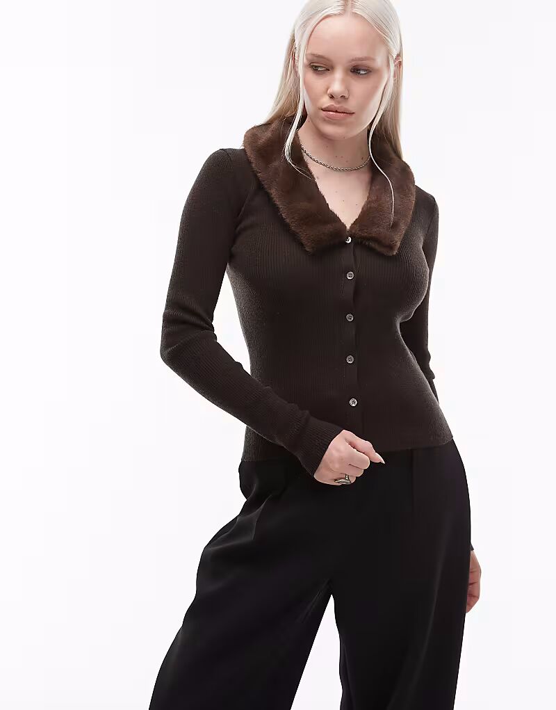 

Кардиган из чистой шерсти с воротником из искусственного меха темно-коричневого цвета Arket