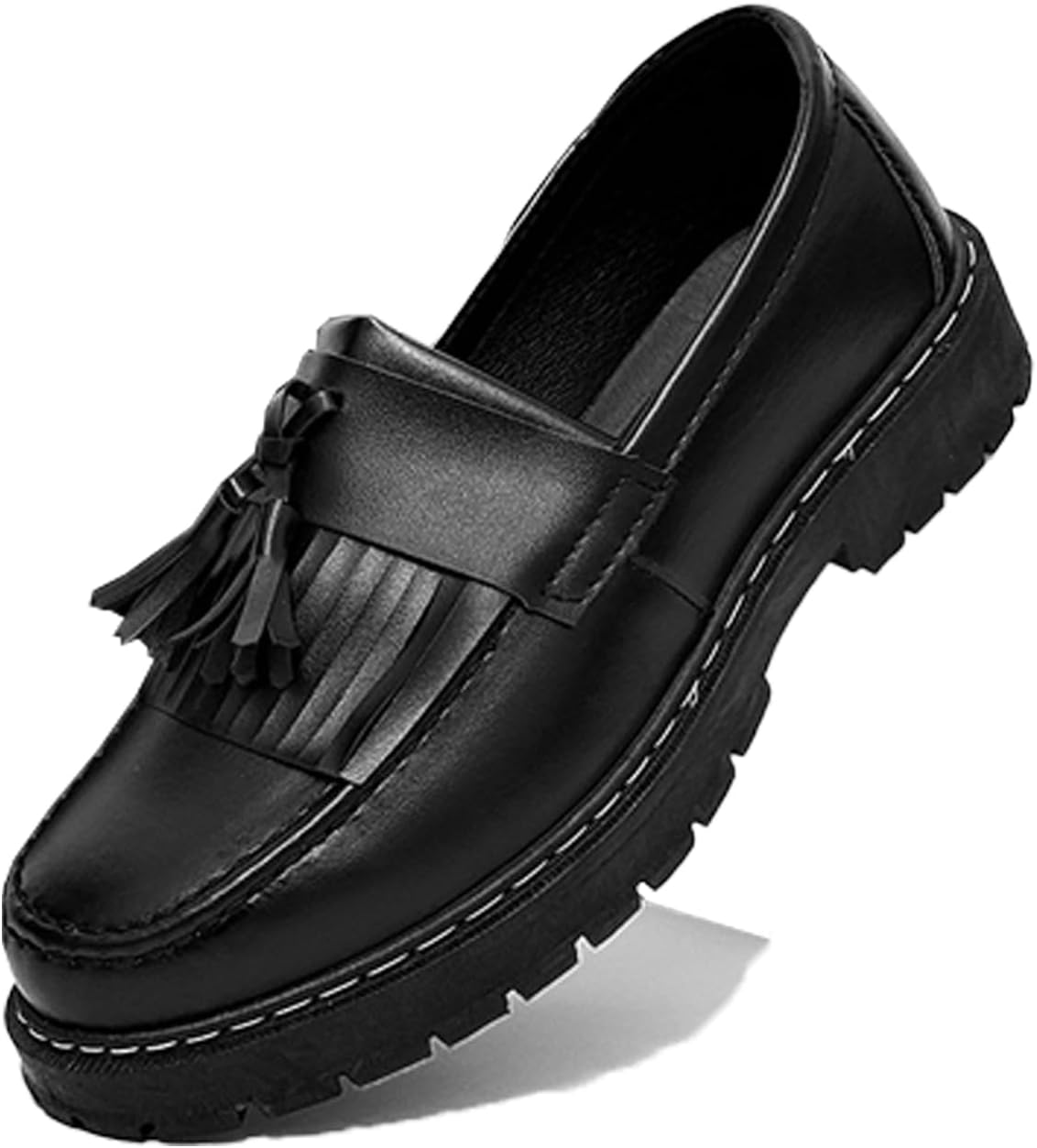 

Мужские кожаные лоферы на платформе с бахромой, модные, противоскользящие, низкие, с круглым носком и рельефной подошвой, классические туфли для бизнеса, вечеринок и выпускного Forevercan, черный