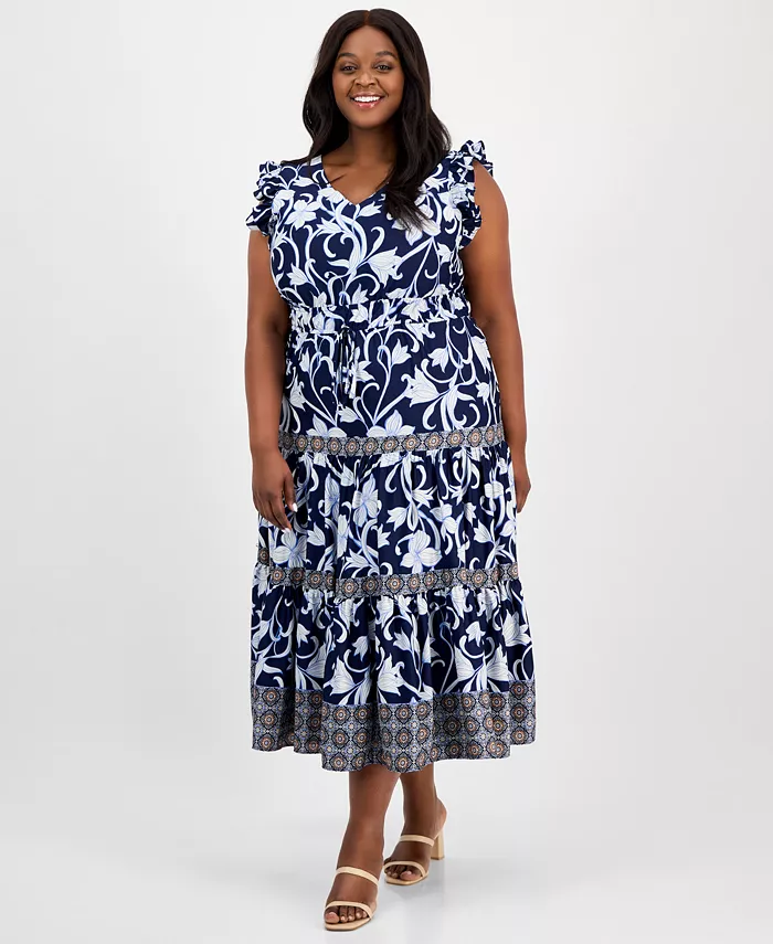 

Платье макси с комбинированным принтом и ярусами, plus size Anne Klein, синий