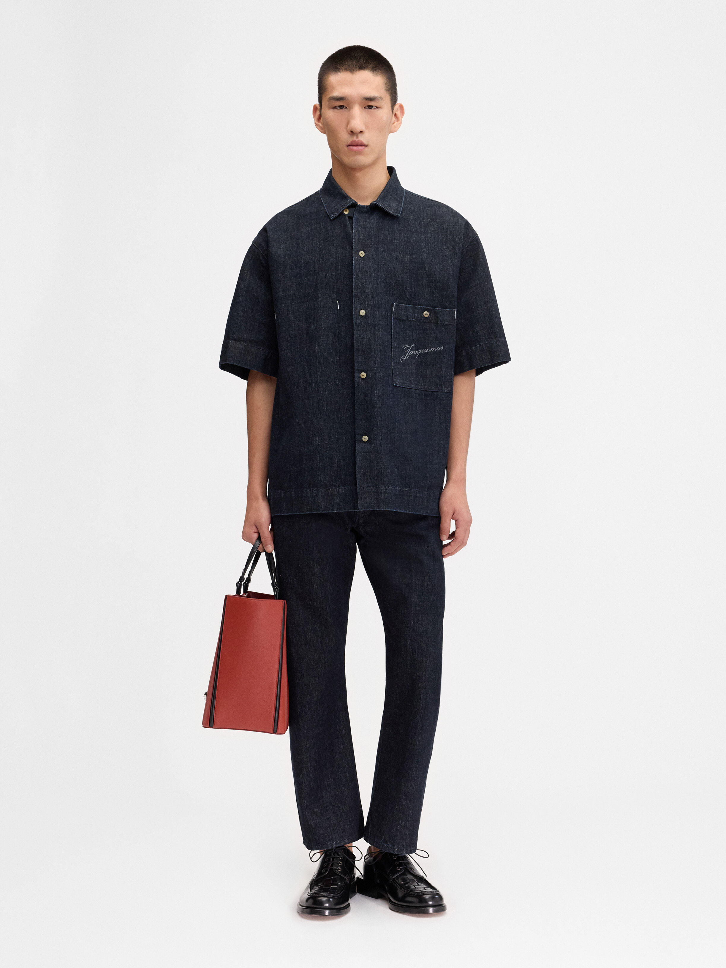 

Рубашка рабочая с короткими рукавами JACQUEMUS The Aloe de-Nîmes denim shirt, темно-синий