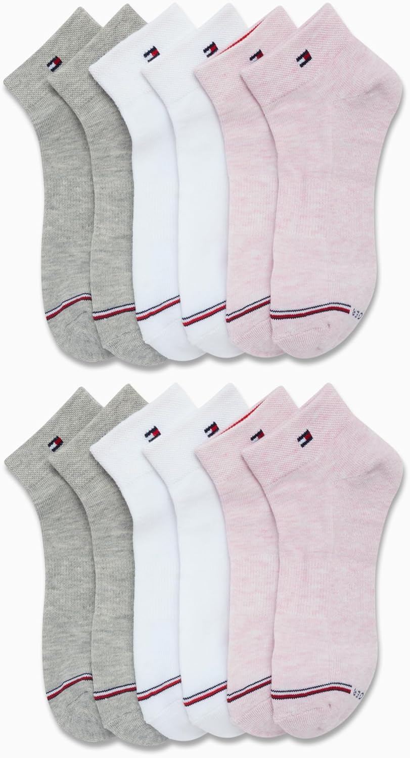 Женские носки Tommy Hilfiger Quarter - 12 пар мягких спортивных носков длиной до щиколотки с мягкой подошвой для женщин (размеры: 4-10), Pink Logo — фото 4