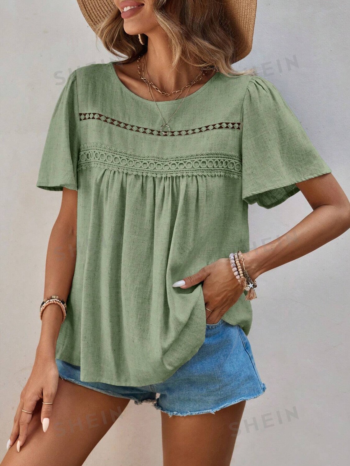 

Блузка свободная Shein Frenchy Boho Vacation с кружевом, зеленый