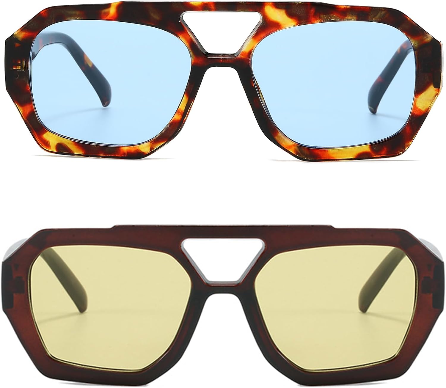 

Солнцезащитные очки Mirkcittle Trendy Square Aviator для женщин и мужчин, шестиугольная толстая оправа, двойная перемычка, дизайнерский дизайн, Tortoise/Blue Lens+brown/Green Yellow