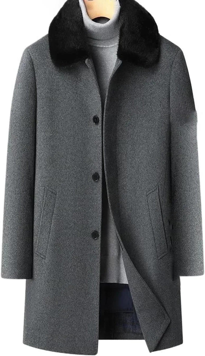 Мужское повседневное пальто средней длины из кашемира со съемным воротником из искусственного меха, однобортное, с длинными рукавами Generic, синий — фото 2