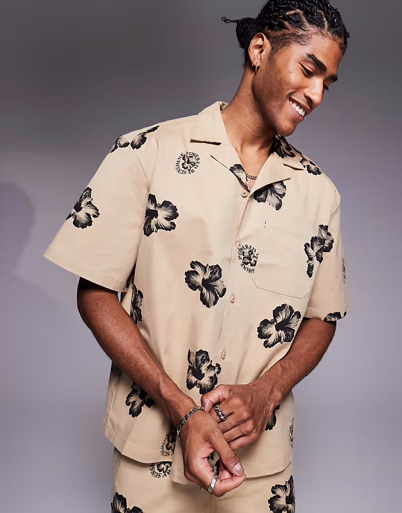 

Рубашка свободного кроя коричневого цвета с цветочным принтом Hugo Blue