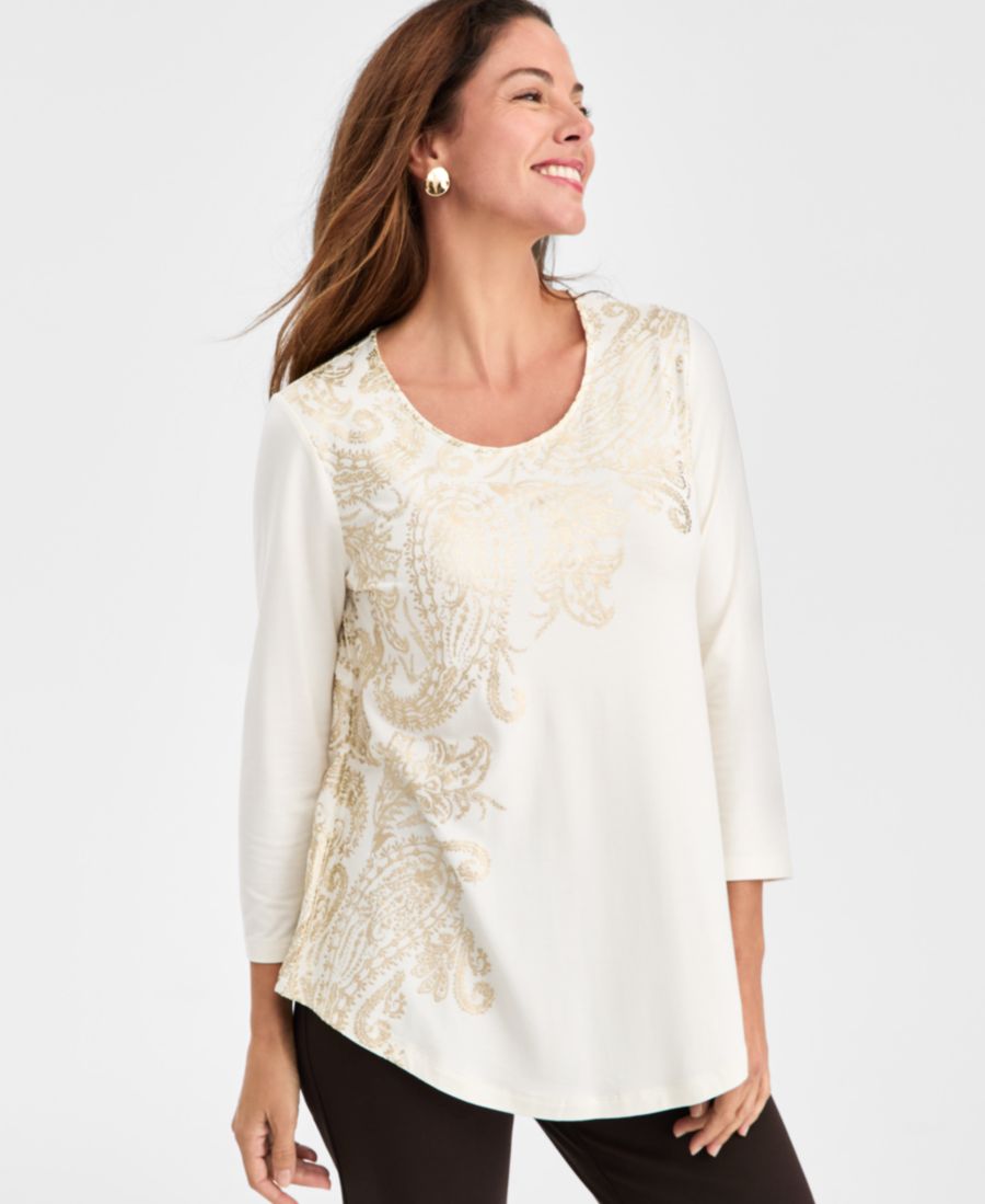 

Женская блузка с принтом, круглым вырезом и рукавами 3/4 JM Collection, Whisper White Combo