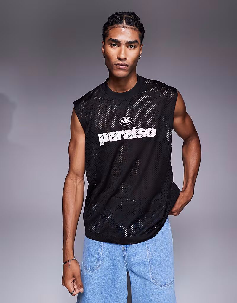 

Майка ASOS DESIGN большого размера с текстовой графикой из черного материала Airtex