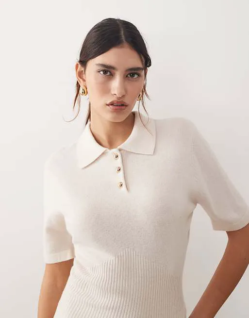 

Вязаный топ экрю с короткими рукавами премиум-класса ARRANGE из шерсти мериноса