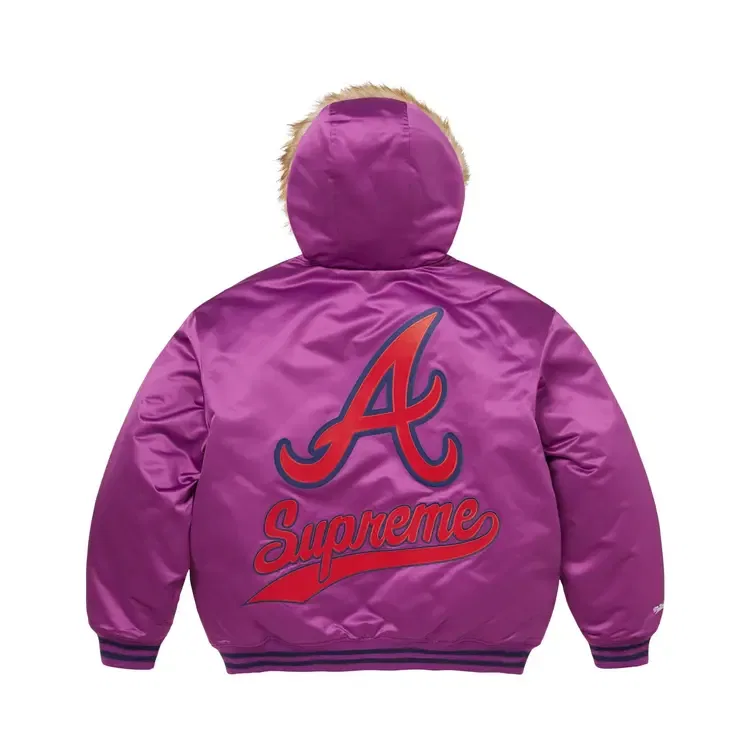 Куртка-бомбер из атласа с капюшоном Supreme x Mitchell Ness Teams, фиолетовый — фото 2