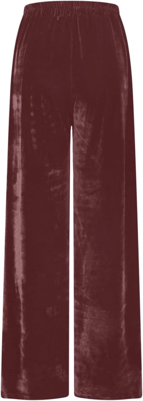 Брюки Velvet для женщин, широкие, мешковатые, повседневные, с высокой посадкой, велюровые, нарядные, длинные, с карманами Generic, Wine — фото 4
