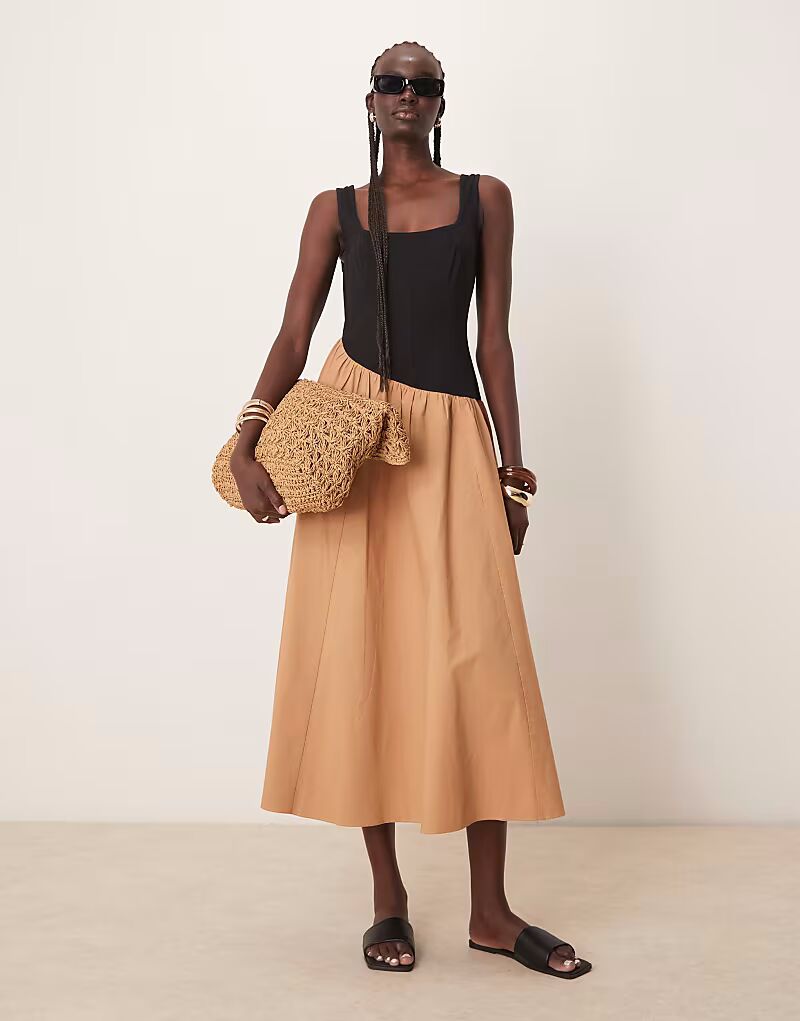 

Платье-макси ASOS DESIGN с квадратным вырезом и асимметричной заниженной талией в черном и коричневом цвете
