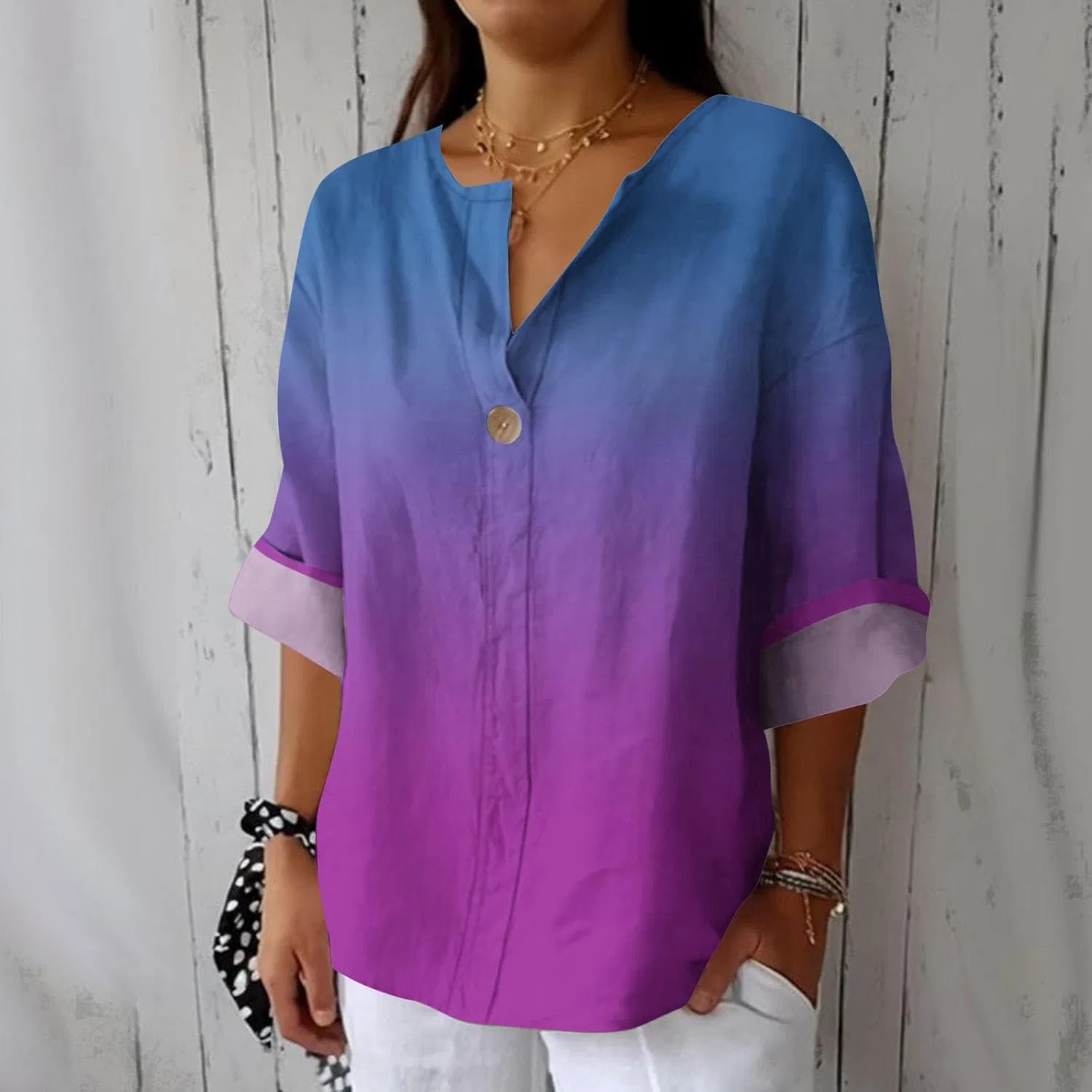 Женская футболка с градиентом, длинный рукав, V-образный вырез, Polyester, P-98 Purple — фото 2