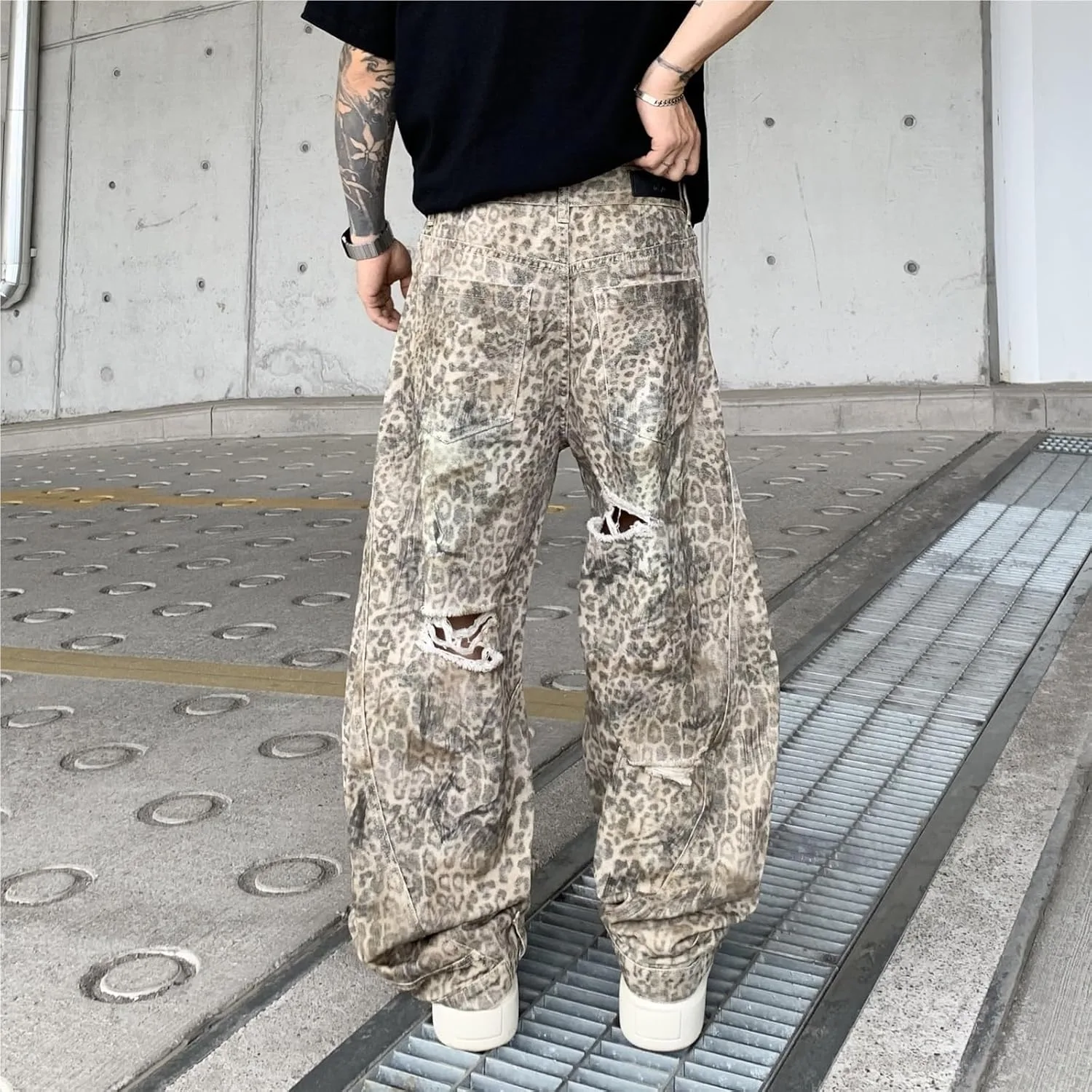 Generic Джинсы Leopard Cheetah Print Bucket в стиле Y2K, широкие, свободные, boyfriend, средней посадки, состаренный деним для женщин и мужчин — фото 4