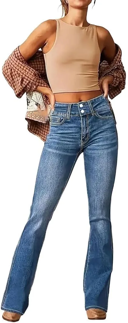 Generic Женские синие расклешенные джинсы Stretchy High Waist Vintage Denim Pants