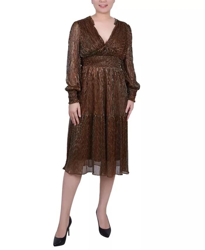 

Женское плиссированное сетчатое платье с длинными рукавами NY Collection, коричневый