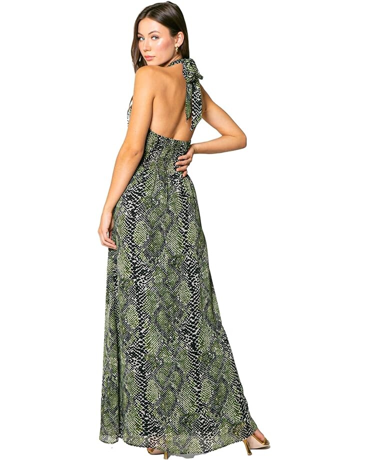 

Платье LAVENDER BROWN Olive Snake Printed Maxi Dress with Halter Tie Neck, цвет Olive/Black