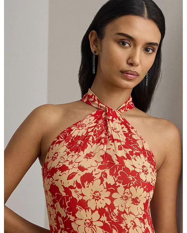 Платье из жоржета с цветочным оборчатым декором и воротником-халтером Ralph Lauren, Red/Tan — фото 4